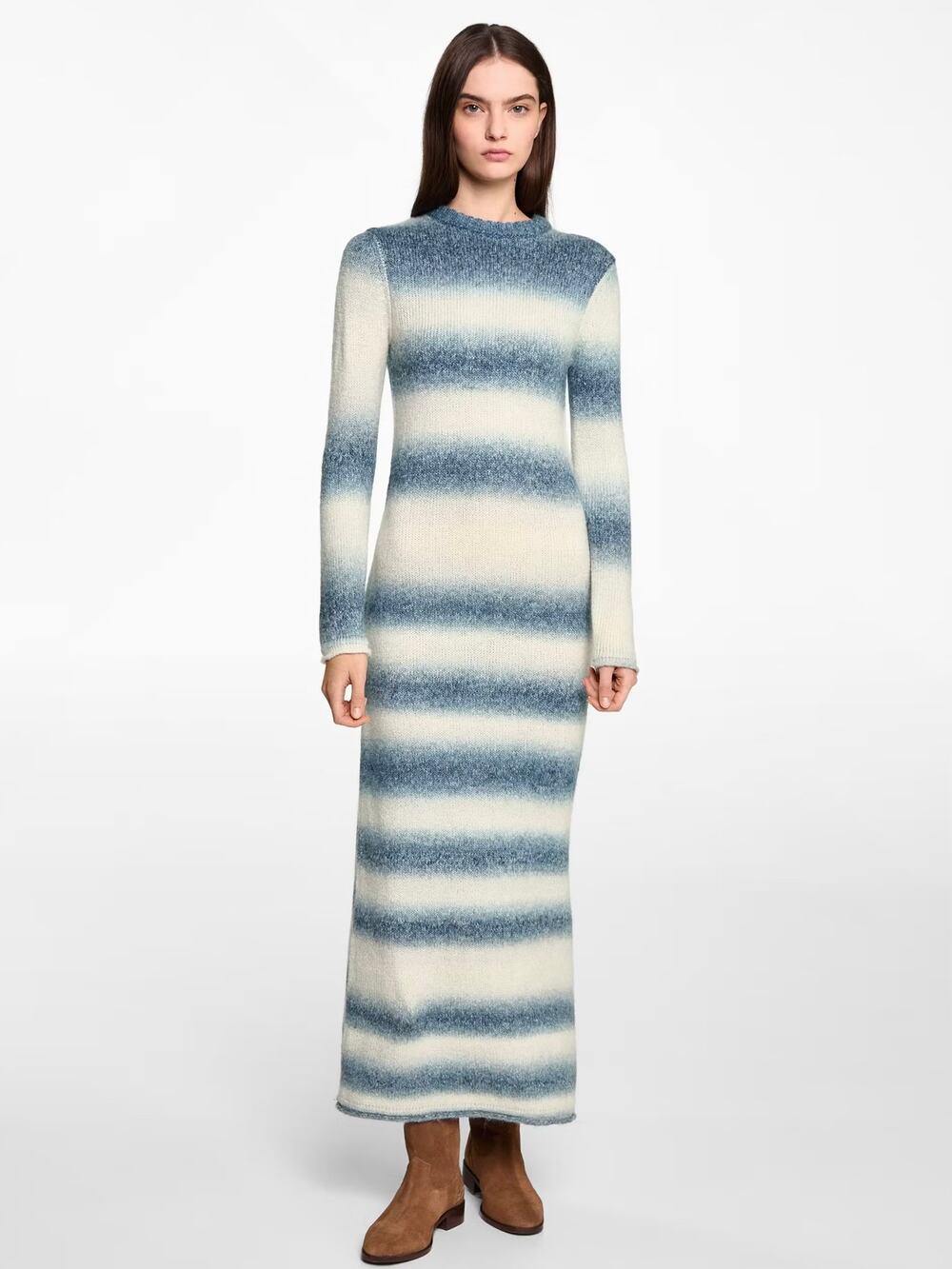 MANGO Ombre Striped Sweater Dress Chunky Knit Crew Neck Long Sleeve Maxi Preppy
